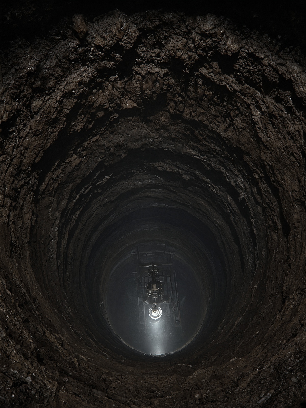 Looking down a circular borehole, a silver lamp far below